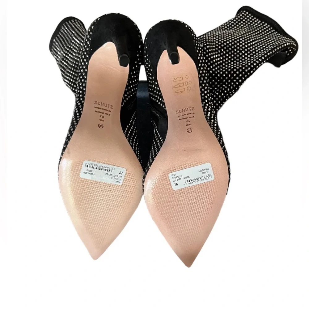 Schutz Sybil Suede Rhinestone Boots Black Silver Embellished Stiletto Women's 7